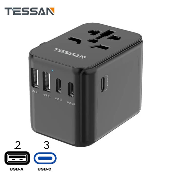 28W Universal International Travel Plug Adaptor with 2 USB & 3 USB C Ports - custom logo