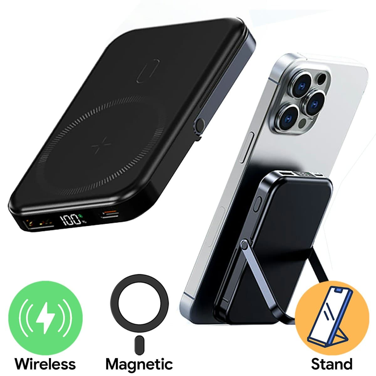 Sạc dự phòng không dây từ tính Flipp 10.000mAh có đế điện thoại - in logo