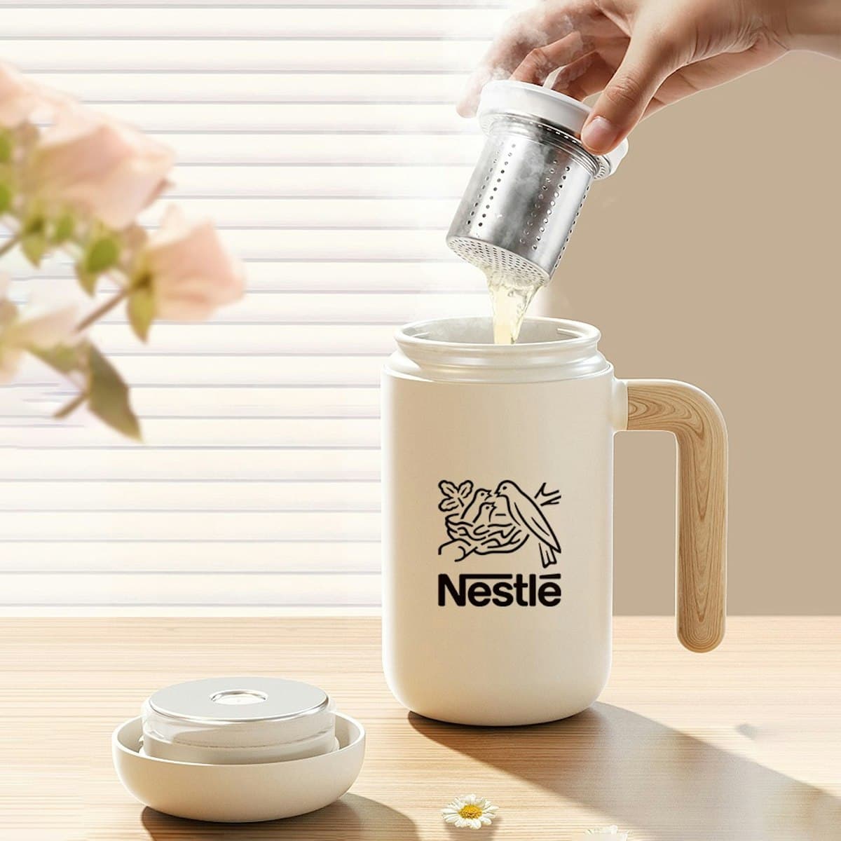 Cốc pha trà gốm 420ml có tay cầm bằng tre - in logo