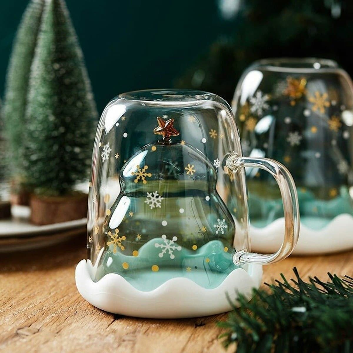 Cốc thủy tinh treo tường đôi cây thông Noel - in logo