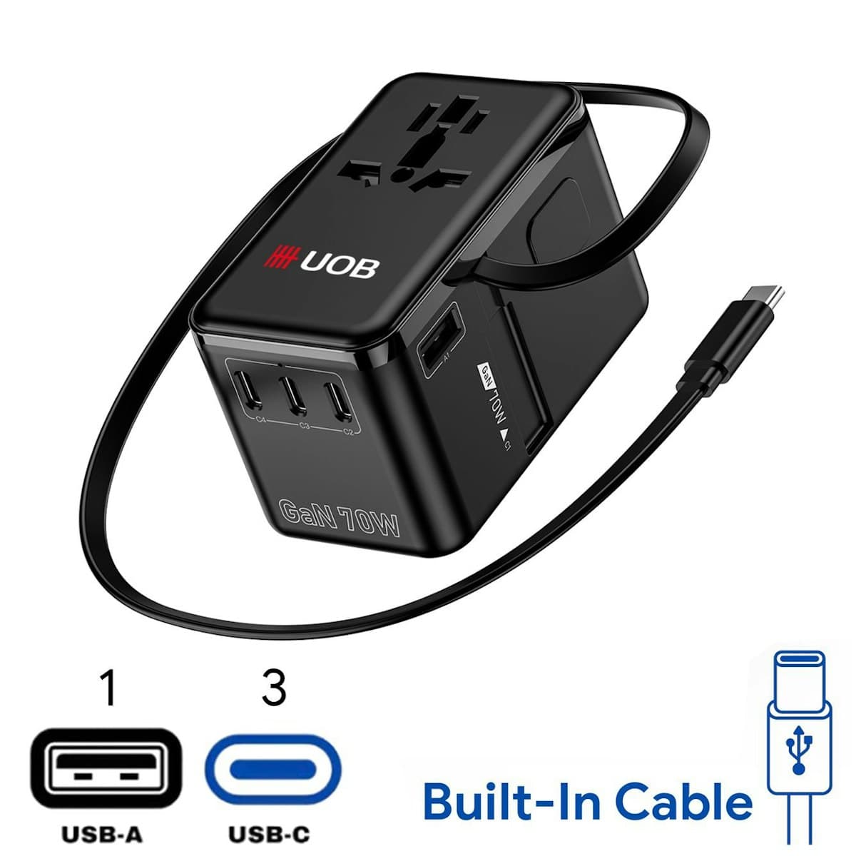 70W GaN Bon Travel Adaptor with Retractable Cable - custom logo