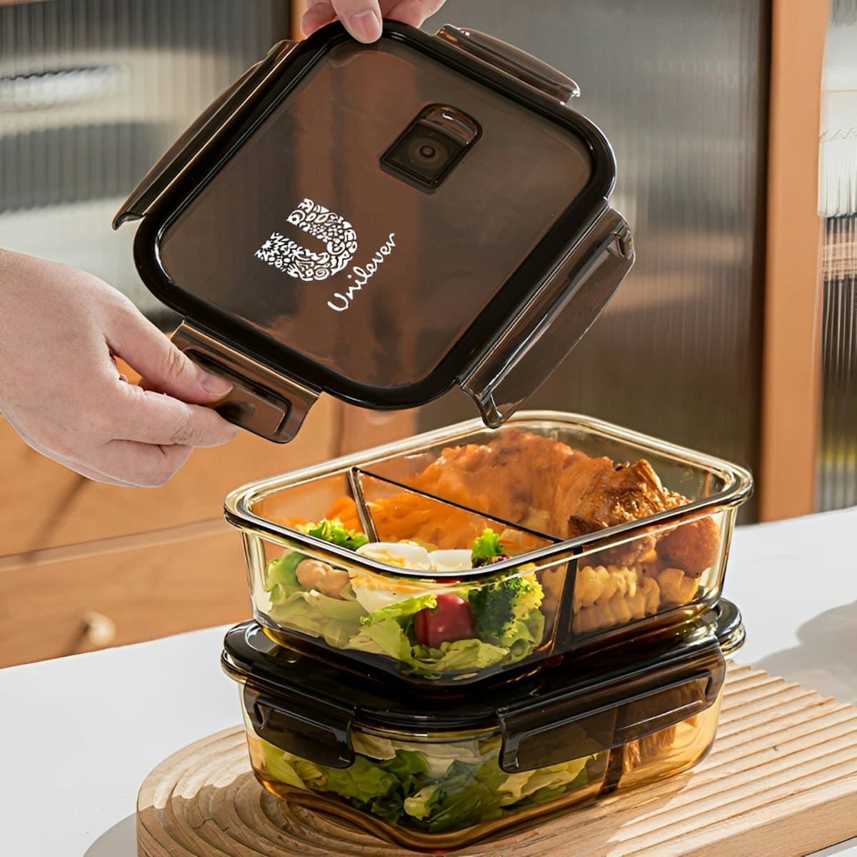 1.05L Amber Glass Lunch Box with 2 Compartments - custom logo