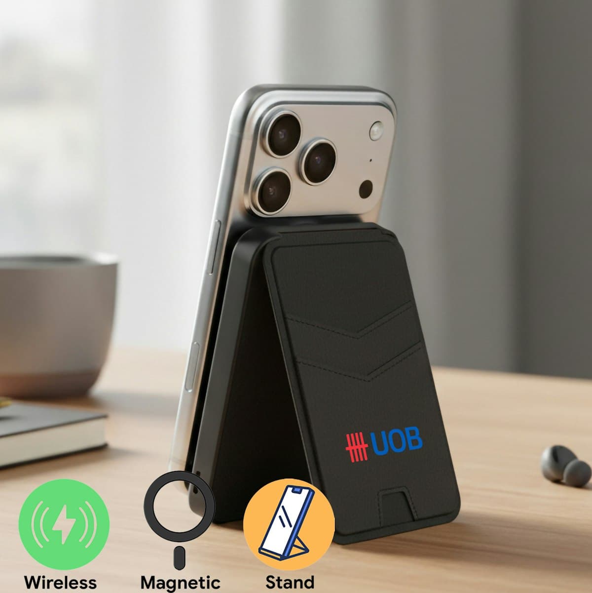 5000mAh 3-in-1 Foldable Magnetic Wireless Power Bank with Card Holder - custom logo