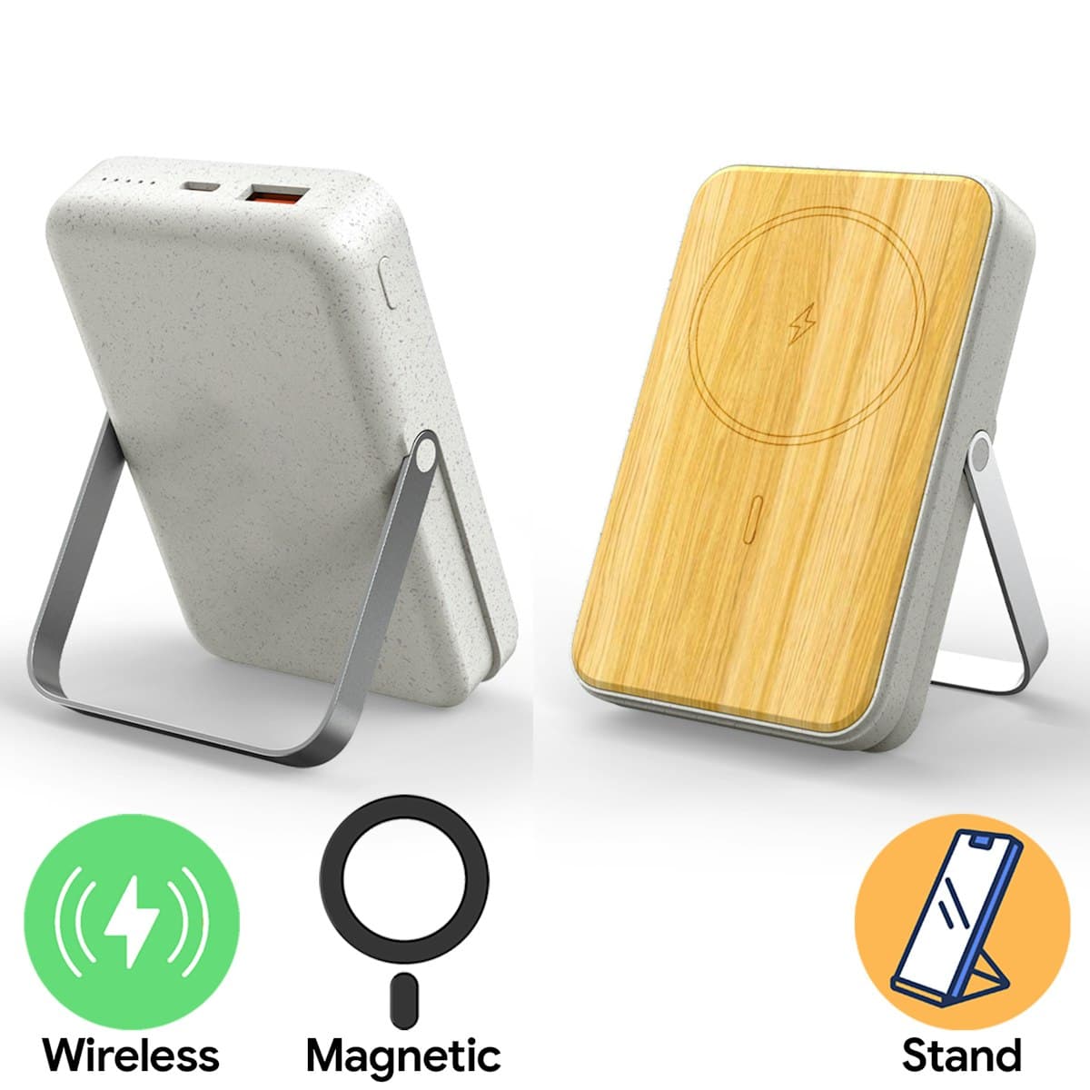 10,000mAh Wheat with Bamboo Magnetic Wireless Powerbank With Phone Stand - custom logo