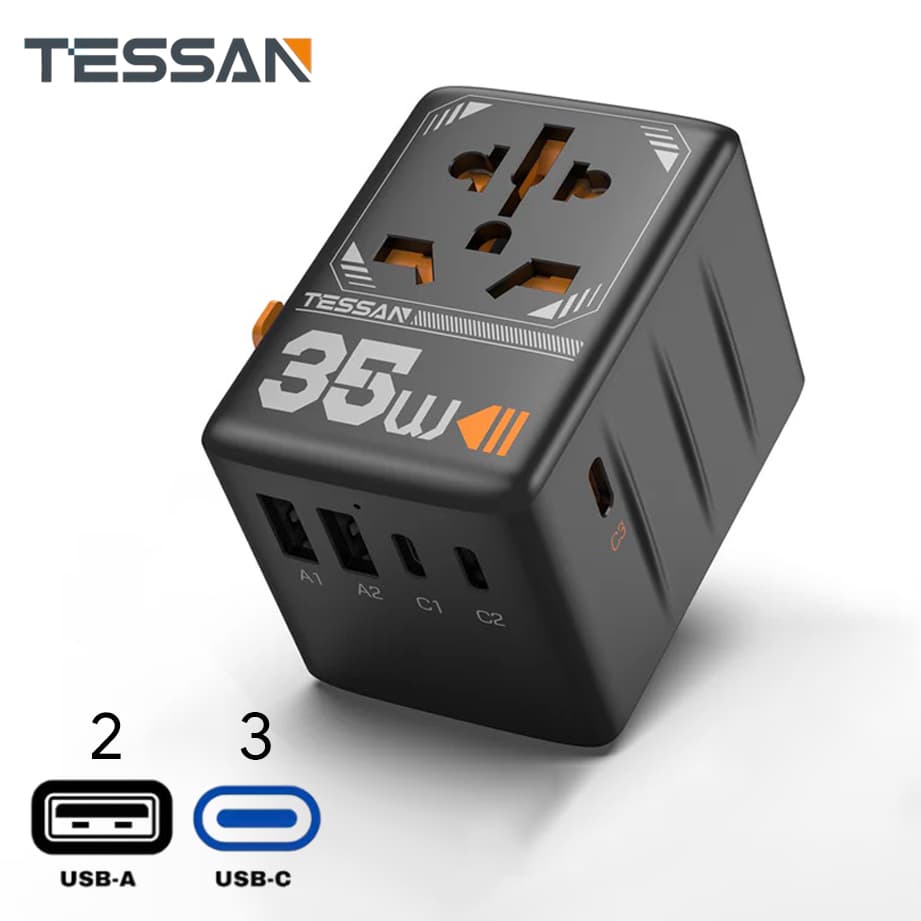 35W Universal Travel Adaptor with 3 USB C & 2 USB Charging Ports - custom logo