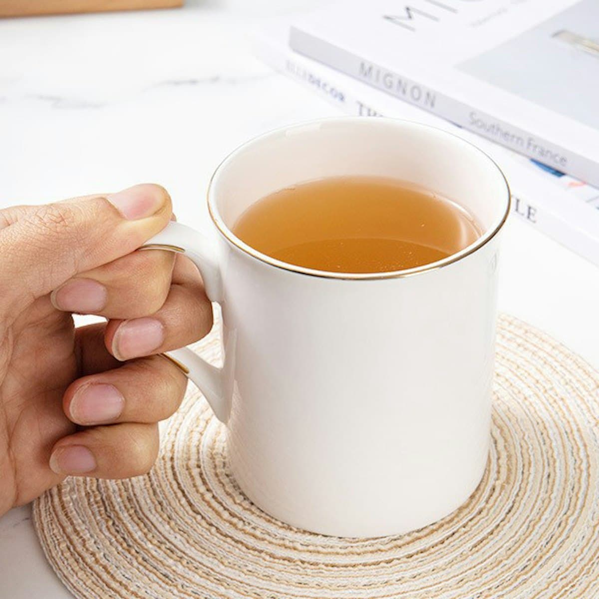 Cốc sứ cổ điển 380ml viền vàng - in logo