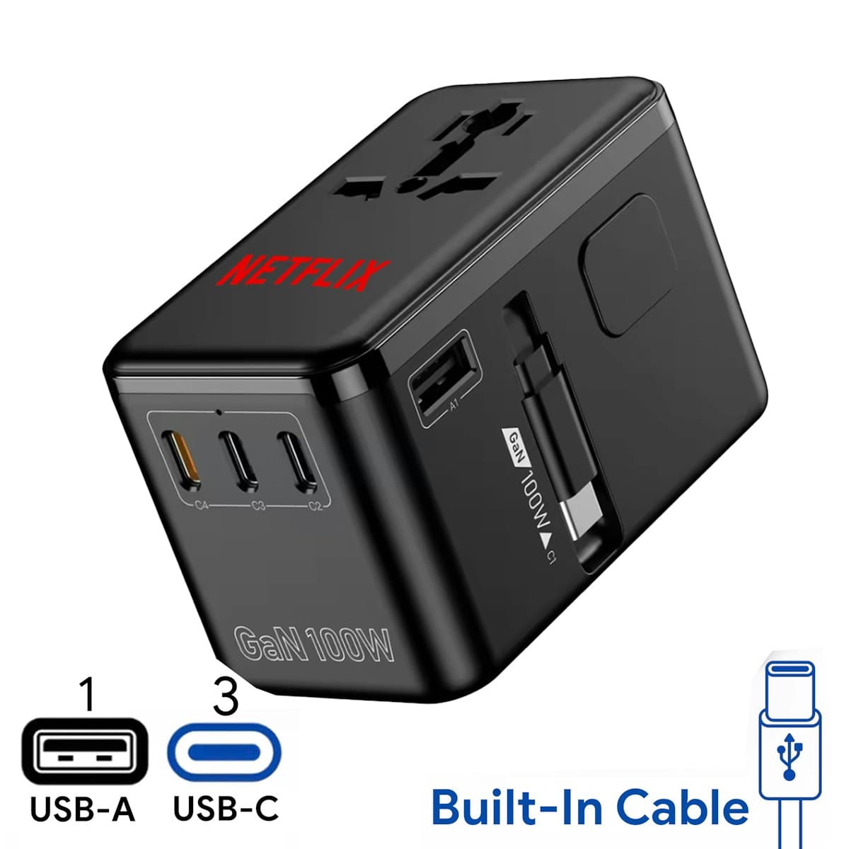 100W GaN Bon Travel Adaptor with Retractable Cable - custom logo