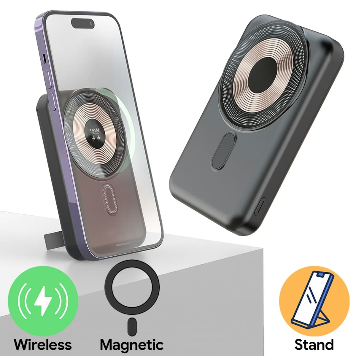 10,000mAh Kompac Magnetic Wireless Powerbank With Phone Stand - custom logo