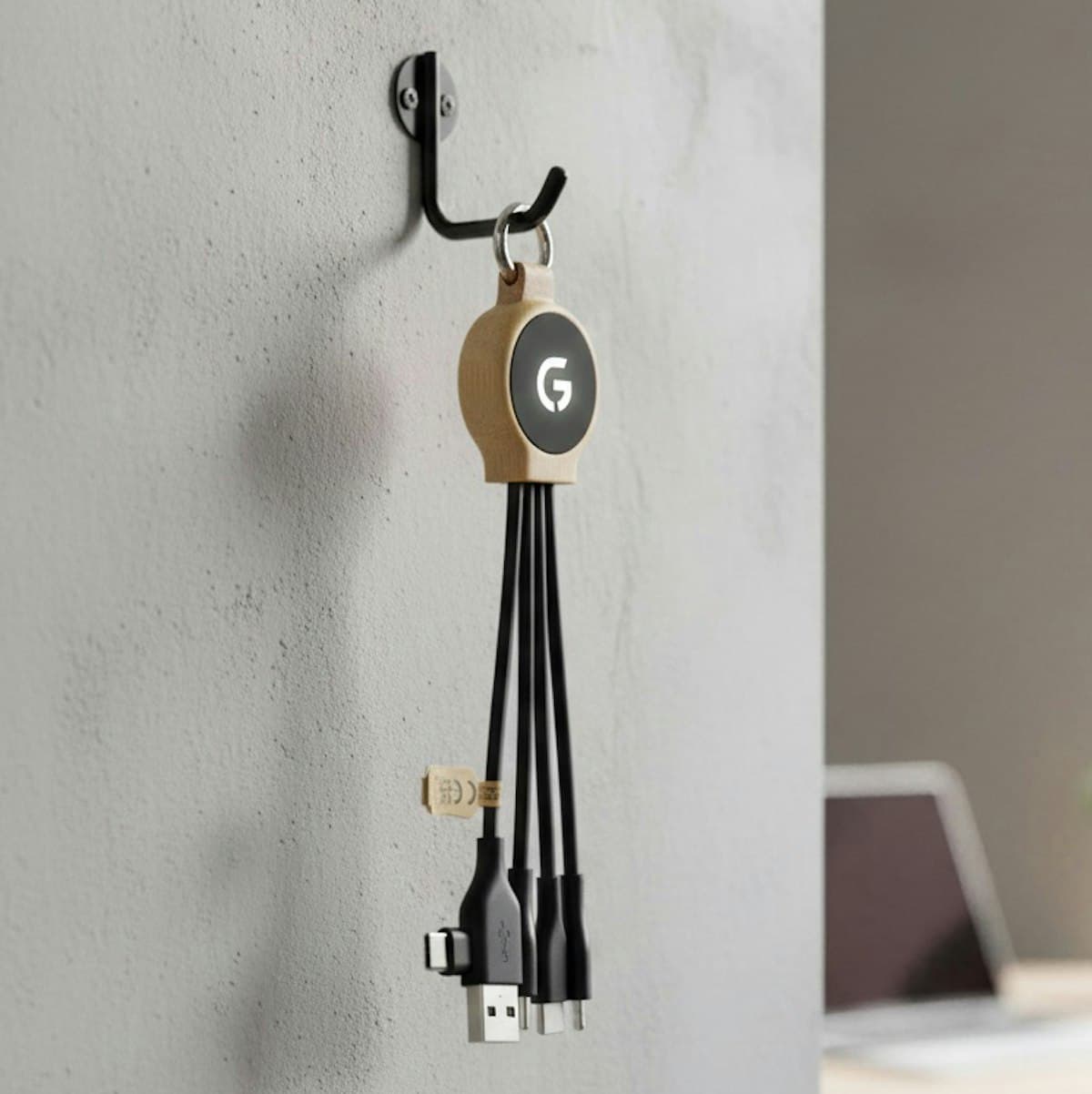 18W Bamboo Charging Cable with Keyring - custom logo